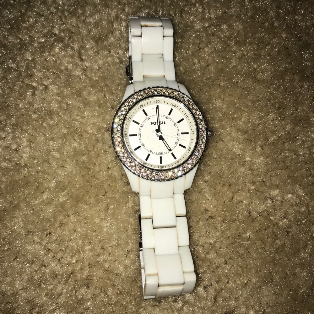 Fossil watch white plastic band with rhinestones